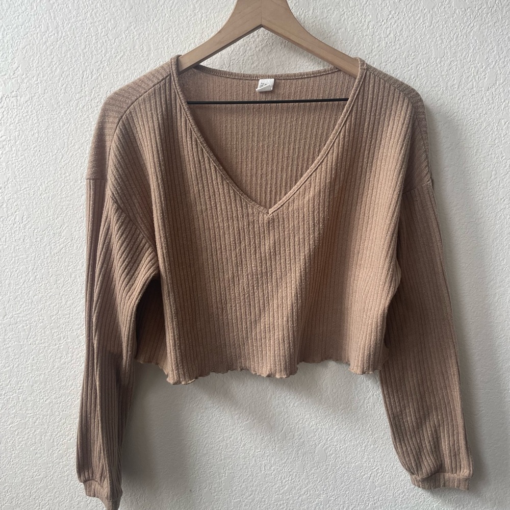 Ribbed V-Neck Cropped Sweater